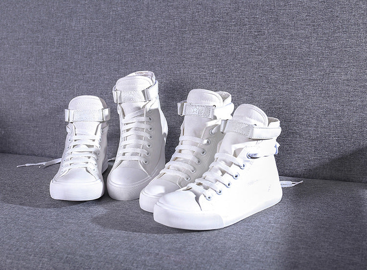 Sapatos de lona de cano alto coreano casual all-match fivela de salto plano branco estudante tendência esportes