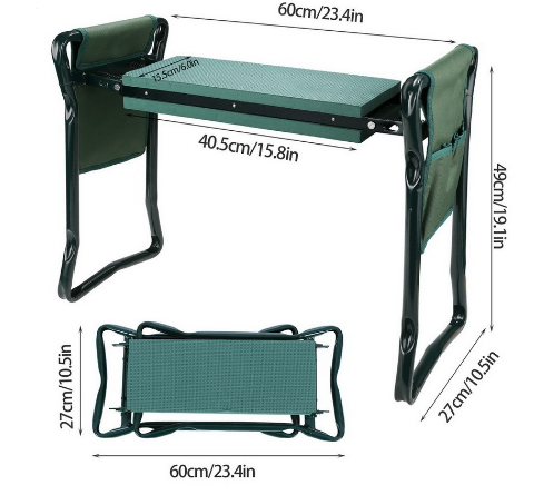 Chaise de banc de pelouse extérieure pliable avec pochette à outils, repose-jardin