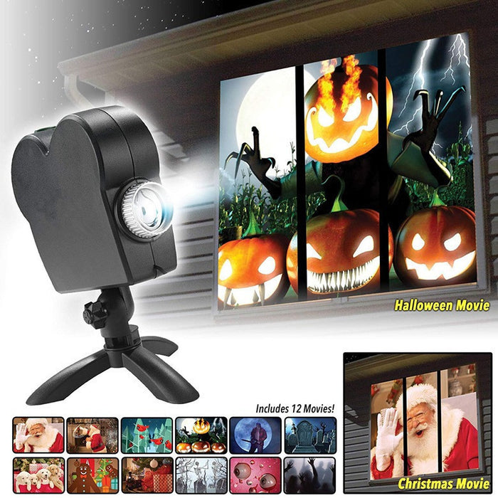 Projetor laser de natal para halloween, 12 filmes, luz de discoteca, mini janela, home theater, projetor interno e externo
