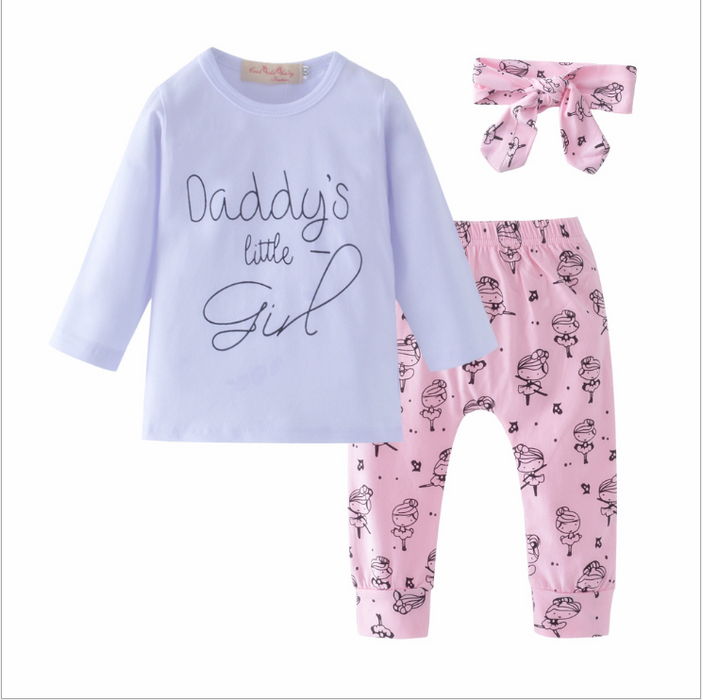 Ropa para bebés y niñas, camiseta para niña pequeña de papá, pantalones de dibujos animados, diadema, conjunto de ropa para niños pequeños
