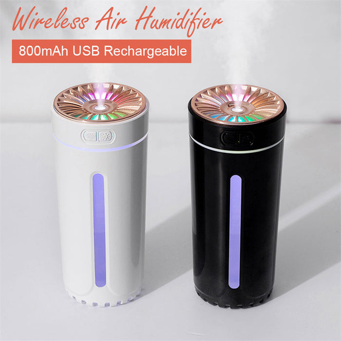 Humidificador de aire inalámbrico, luces coloridas, difusor nebulizador ultrasónico silencioso, purificador USB, máquina de niebla recargable de 800mAh para coche