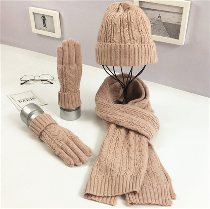 Fashion Solid Color Twist Warm Hat Scarf Glove Set