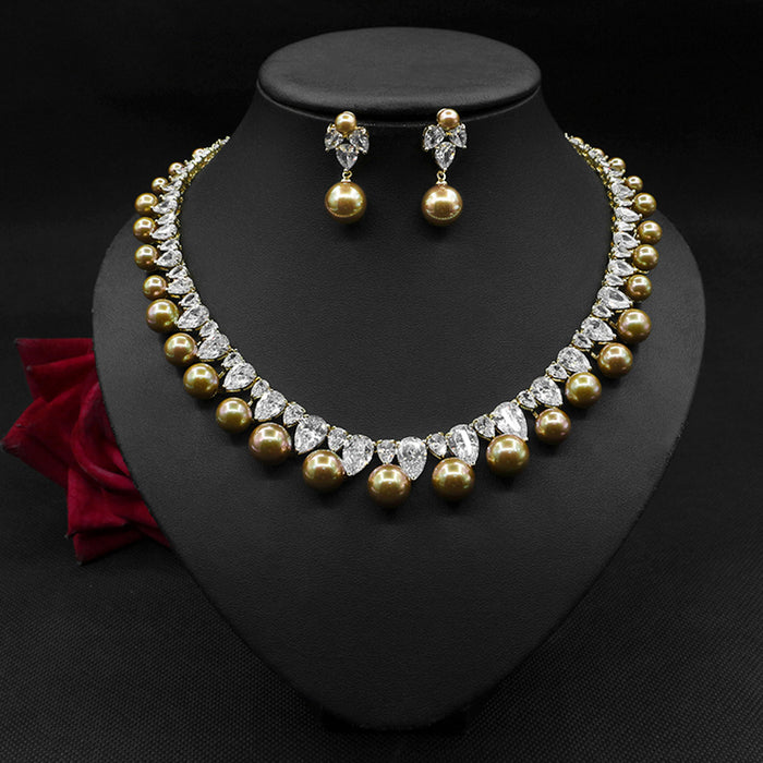 Pearl Zircon Earrings Necklace Set Dinner Jewelry